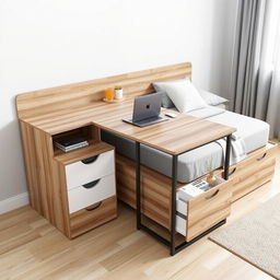 A single bed with an L-shaped desk attached to the footboard, continuing along the length of the bed