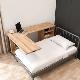 A single bed with an L-shaped desk attached to the footboard, continuing along the length of the bed