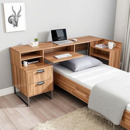 A single bed with an L-shaped desk attached to the footboard, continuing along the length of the bed