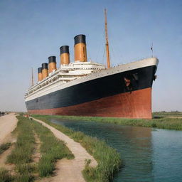 The infamous Titanic ship dramatically set in the diverse landscapes of Uzbekistan, blending the industrial icon with the rich cultural backdrop.