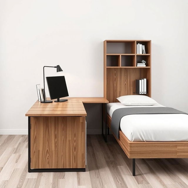 A single bed with an L-shaped desk integrated at the foot of the bed, where the long part of the "L" continues along the length of the bed