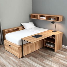 A single bed with an L-shaped desk integrated at the foot of the bed, where the long part of the "L" continues along the length of the bed