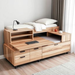 A single bed with an L-shaped desk integrated at the foot of the bed, where the long part of the "L" continues along the length of the bed