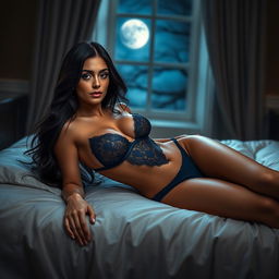 A captivating woman with long, flowing dark hair reclines elegantly on a luxurious bed