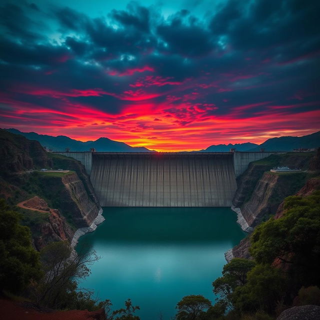 A dramatic and impactful image of the Grand Ethiopian Renaissance Dam (GERD) during sunset