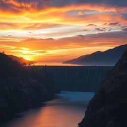 A dramatic and impactful image of the Grand Ethiopian Renaissance Dam (GERD) during sunset