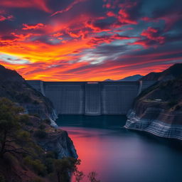 A dramatic and impactful image of the Grand Ethiopian Renaissance Dam (GERD) during sunset