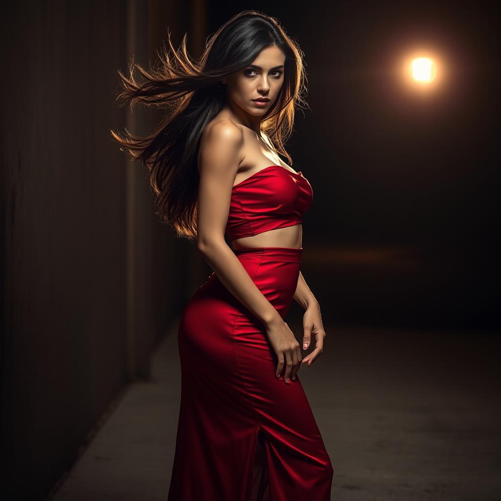 A sensuous woman with flowing brunette hair stands alluringly against a dimly lit wall during the night