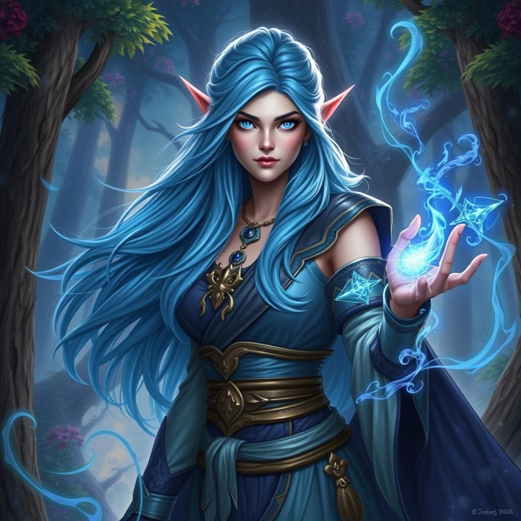A powerful half-elf woman with enchanting blue hair, showcasing her magical prowess
