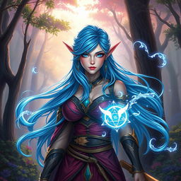 A powerful half-elf woman with enchanting blue hair, showcasing her magical prowess