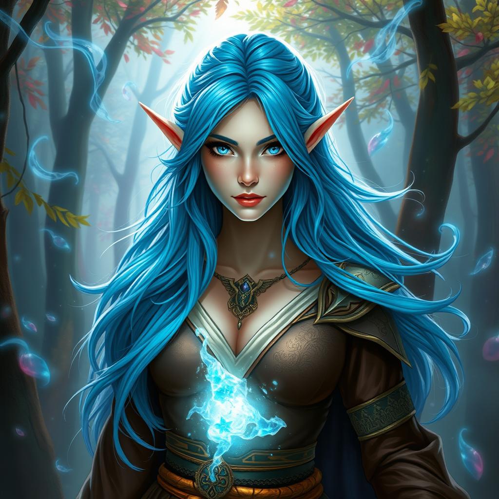 A powerful half-elf woman with enchanting blue hair, showcasing her magical prowess