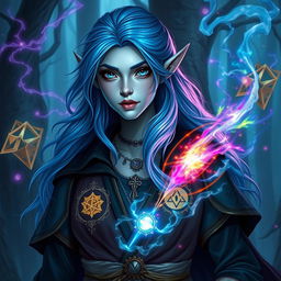 A powerful half-elf woman with mesmerizing blue hair and striking grey skin, exuding an aura of mystery and strength as a magician