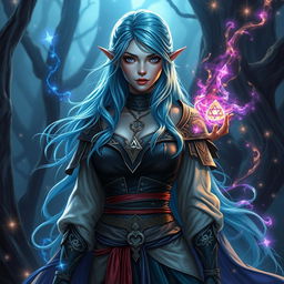 A powerful half-elf woman with mesmerizing blue hair and striking grey skin, exuding an aura of mystery and strength as a magician