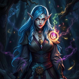 A powerful half-elf woman with mesmerizing blue hair and striking grey skin, exuding an aura of mystery and strength as a magician