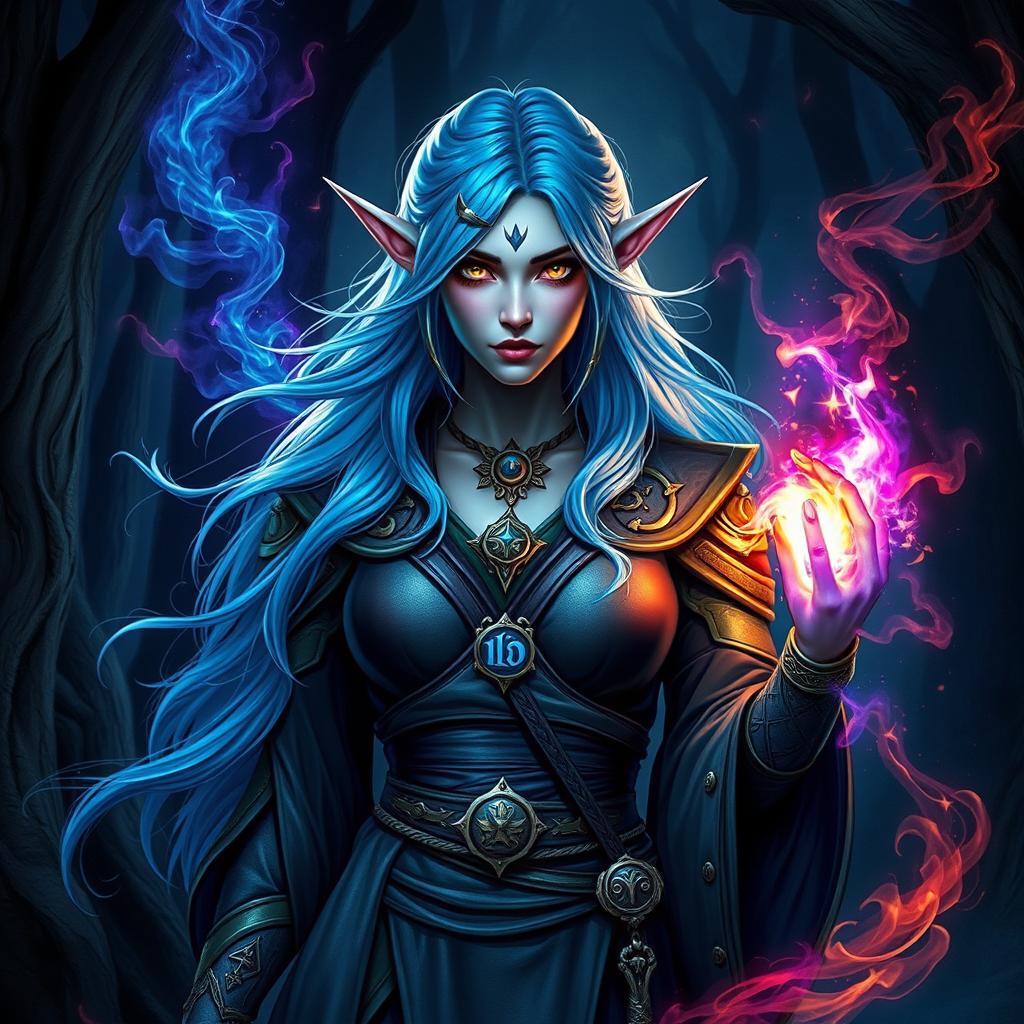 A powerful half-elf woman with mesmerizing blue hair and striking grey skin, exuding an aura of mystery and strength as a magician