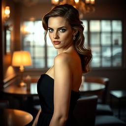 a beautiful and elegant woman with features similar to Emma Watson, gracefully posing in a sophisticated setting, with a gentle and confident expression, wearing a chic and stylish evening dress, surrounded by an atmosphere reminiscent of a classic film noir, softly lit ambiance with subtle shadows