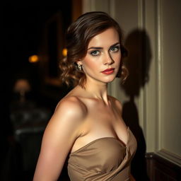 a beautiful and elegant woman with features similar to Emma Watson, gracefully posing in a sophisticated setting, with a gentle and confident expression, wearing a chic and stylish evening dress, surrounded by an atmosphere reminiscent of a classic film noir, softly lit ambiance with subtle shadows