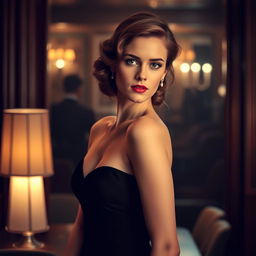 a beautiful and elegant woman with features similar to Emma Watson, gracefully posing in a sophisticated setting, with a gentle and confident expression, wearing a chic and stylish evening dress, surrounded by an atmosphere reminiscent of a classic film noir, softly lit ambiance with subtle shadows