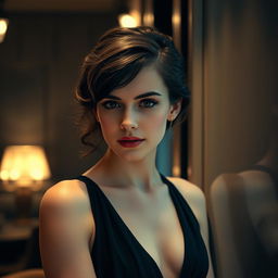 a beautiful and elegant woman with features similar to Emma Watson, gracefully posing in a sophisticated setting, with a gentle and confident expression, wearing a chic and stylish evening dress, surrounded by an atmosphere reminiscent of a classic film noir, softly lit ambiance with subtle shadows