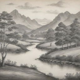 A meticulously drawn masterpiece, showcasing a serene landscape with delicate linework and intricate shading.