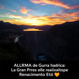 A dramatic and impactful image of the Grand Ethiopian Renaissance Dam (GERD) during sunset