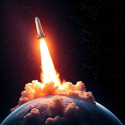 A stunning digital art book cover featuring a powerful rocket launch, leaving Earth and thrusting into the endless cosmos