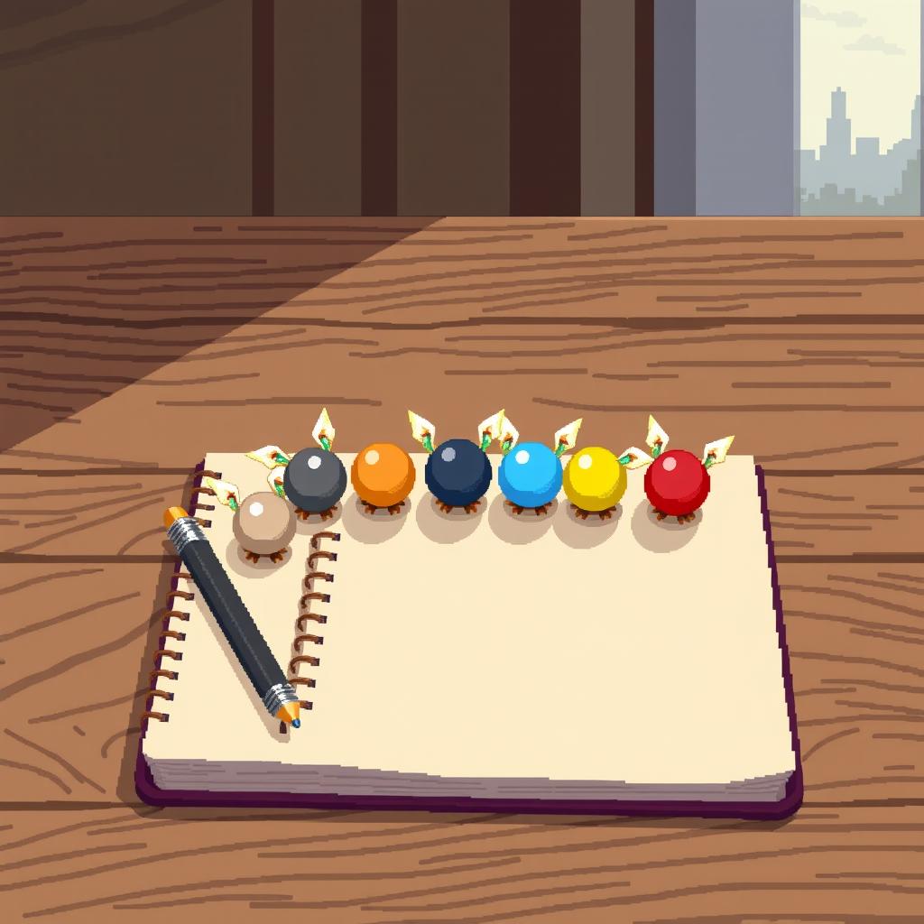 8-bit animated style depiction of a notebook with a pencil placed on one side, resting on a wooden table surface