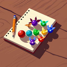 8-bit animated style depiction of a notebook with a pencil placed on one side, resting on a wooden table surface