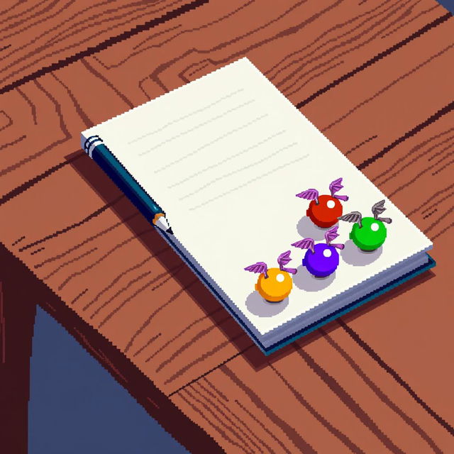 8-bit animated style depiction of a notebook with a pencil placed on one side, resting on a wooden table surface