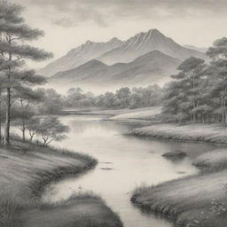 A meticulously drawn masterpiece, showcasing a serene landscape with delicate linework and intricate shading.