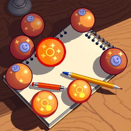 8-bit animated style notebook with a pencil lying beside it on a wooden table, surrounded by 7 Dragon Balls from Dragon Ball Z, each Dragon Ball glowing with a subtle orange hue and featuring stars