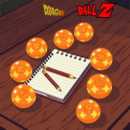 8-bit animated style notebook with a pencil lying beside it on a wooden table, surrounded by 7 Dragon Balls from Dragon Ball Z, each Dragon Ball glowing with a subtle orange hue and featuring stars