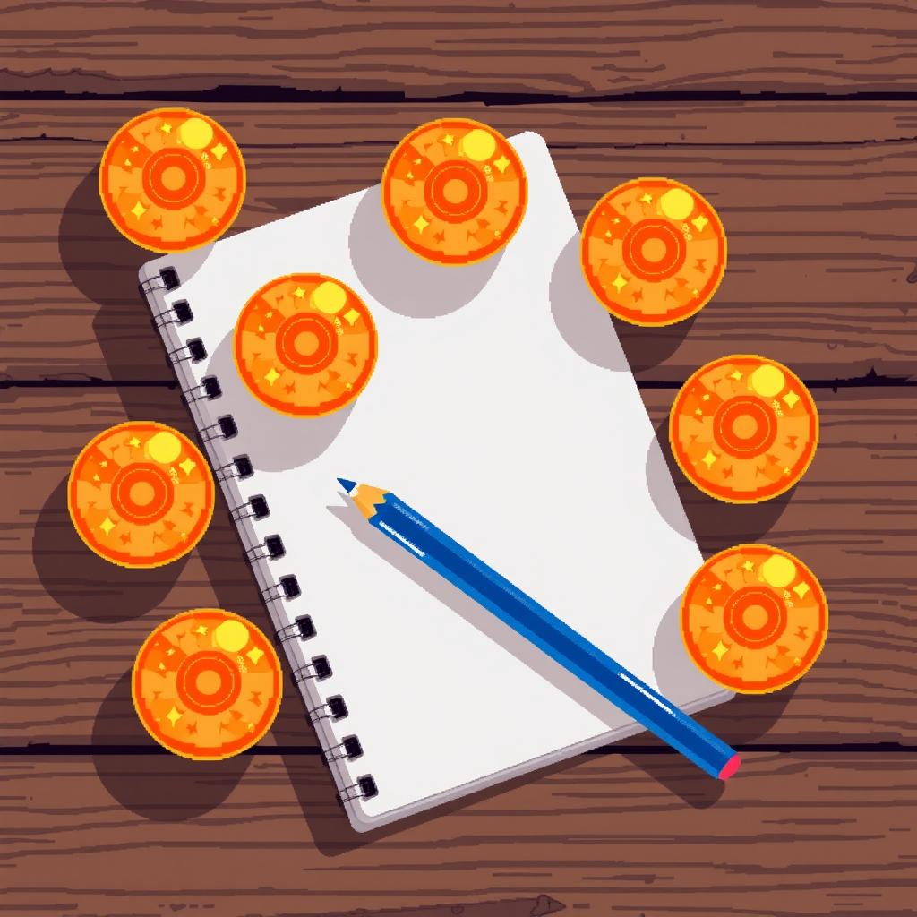 8-bit animated style notebook with a pencil lying beside it on a wooden table, surrounded by 7 Dragon Balls from Dragon Ball Z, each Dragon Ball glowing with a subtle orange hue and featuring stars