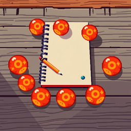 8-bit animated style notebook with a pencil lying beside it on a wooden table, surrounded by 7 Dragon Balls from Dragon Ball Z, each Dragon Ball glowing with a subtle orange hue and featuring stars