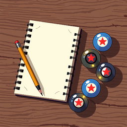 A vintage 8-bit animated style scene featuring a classic spiral notebook with a pencil resting on one side, placed on a textured wooden table