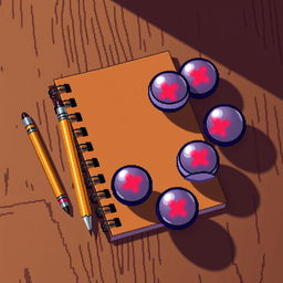 A vintage 8-bit animated style scene featuring a classic spiral notebook with a pencil resting on one side, placed on a textured wooden table