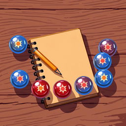 A vintage 8-bit animated style scene featuring a classic spiral notebook with a pencil resting on one side, placed on a textured wooden table