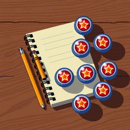 A vintage 8-bit animated style scene featuring a classic spiral notebook with a pencil resting on one side, placed on a textured wooden table