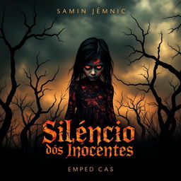 A chilling horror book cover design for "Silêncio dos Inocentes"