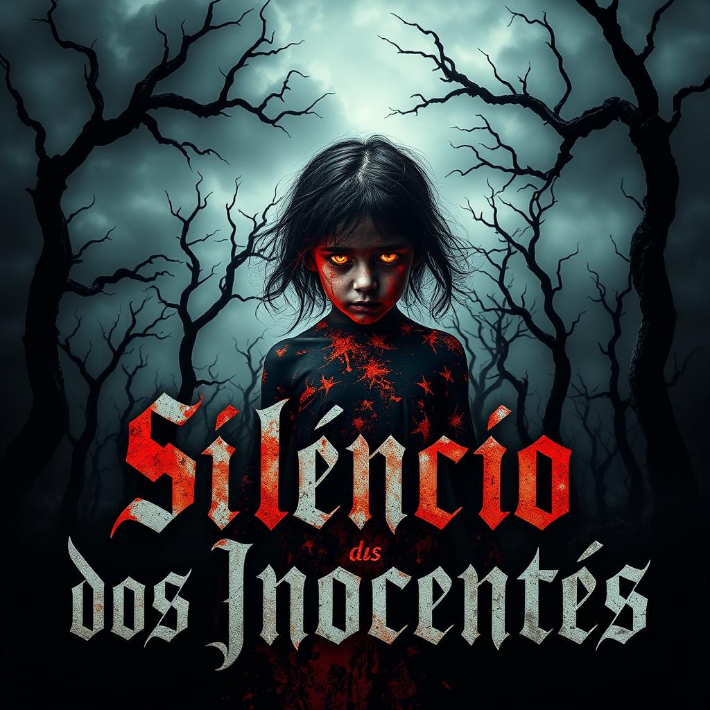 A chilling horror book cover design for "Silêncio dos Inocentes"