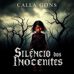 A chilling horror book cover design for "Silêncio dos Inocentes"