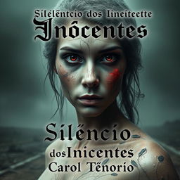 A spine-tingling cover for a horror short story titled "Silêncio dos Inocentes" by Carol Tenorio