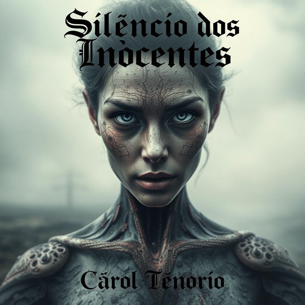 A spine-tingling cover for a horror short story titled "Silêncio dos Inocentes" by Carol Tenorio