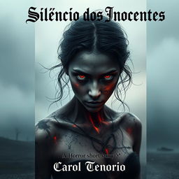 A spine-tingling cover for a horror short story titled "Silêncio dos Inocentes" by Carol Tenorio