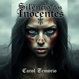 A spine-tingling cover for a horror short story titled "Silêncio dos Inocentes" by Carol Tenorio