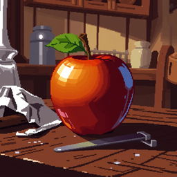 pixel art still life featuring an apple, with intricate shading and highlighting, set on a rustic wooden table, with a softly lit background that suggests a cozy kitchen, accompanied by subtle reflections on the apple's surface to enhance its roundness and juiciness, additional elements like a small knife and crumbled napkin nearby for authenticity, the image should exude a warm and inviting atmosphere