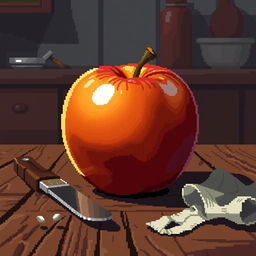 pixel art still life featuring an apple, with intricate shading and highlighting, set on a rustic wooden table, with a softly lit background that suggests a cozy kitchen, accompanied by subtle reflections on the apple's surface to enhance its roundness and juiciness, additional elements like a small knife and crumbled napkin nearby for authenticity, the image should exude a warm and inviting atmosphere