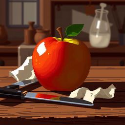 pixel art still life featuring an apple, with intricate shading and highlighting, set on a rustic wooden table, with a softly lit background that suggests a cozy kitchen, accompanied by subtle reflections on the apple's surface to enhance its roundness and juiciness, additional elements like a small knife and crumbled napkin nearby for authenticity, the image should exude a warm and inviting atmosphere