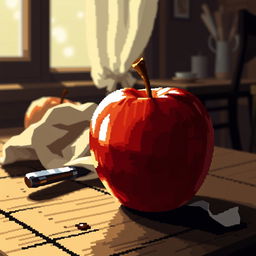 pixel art still life featuring an apple, with intricate shading and highlighting, set on a rustic wooden table, with a softly lit background that suggests a cozy kitchen, accompanied by subtle reflections on the apple's surface to enhance its roundness and juiciness, additional elements like a small knife and crumbled napkin nearby for authenticity, the image should exude a warm and inviting atmosphere