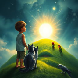 A young boy with tan skin stands on a vibrant green hill, gazing intently at a glowing portal that leads to another dimension